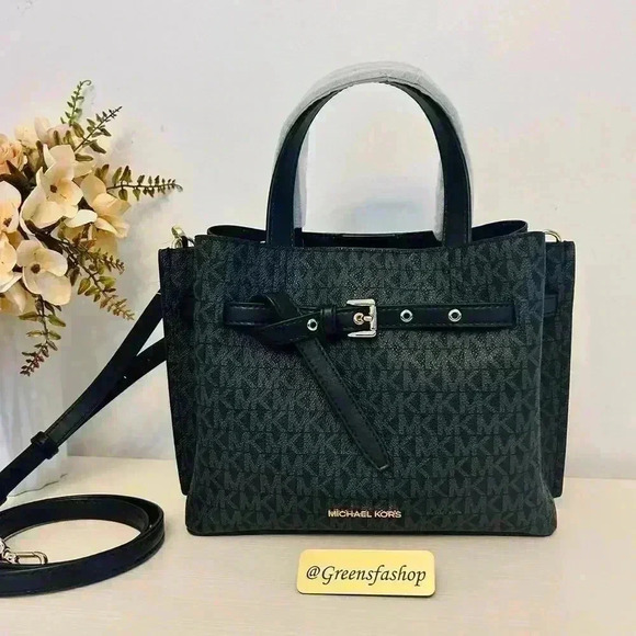 Michael Kors Emilia Small Satchel Crossbody Bag Black MK Signature - Picture 1 of 10